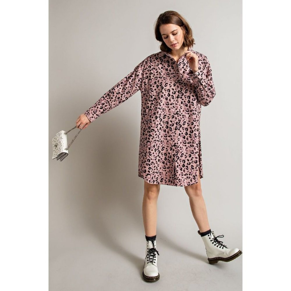 Easel Mauve Leopard Animal Printed Collared Neck Shirt Button Down Front Dress - Picture 5 of 5